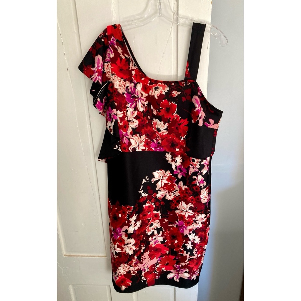Venus Asymmetrical Ruffle Shoulder Cocktail Dress Floral Stretchy Size 1X